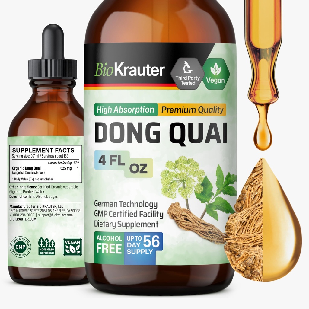 BIO KRAUTER® Menopauze Supplementen voor vrouwen* - Dong Quai Drops 4 Fl.Oz 56 Dagen van levering - Veganistische Angelica Wortel Tinctuur voor Menopauze Ondersteuning - Alcohol en Suikervrij - Ontspannen en Wellness voor vrouwen