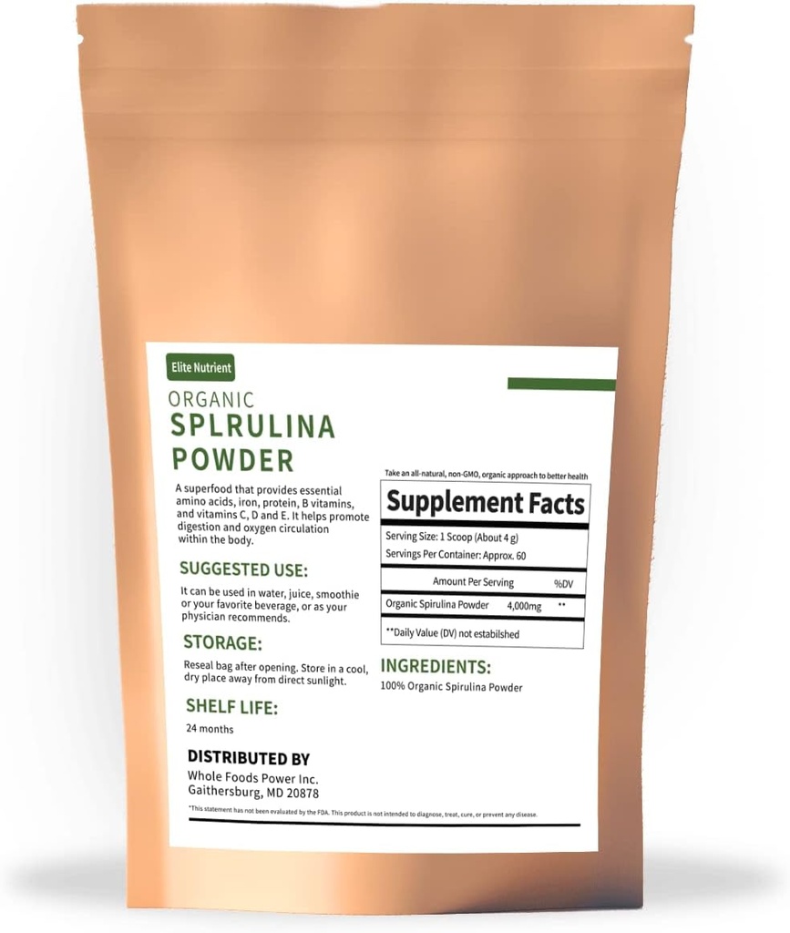 Organische Spirulina Poeder, Niet-GMO, USDA Gecertificeerd, Een Superfood met hoog eiwit, Boost Energie, Verbeter Immuniteit, Individuele Pakket