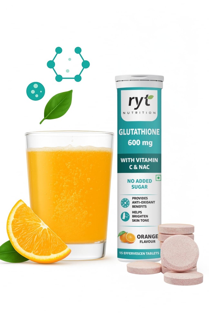 Glutathione (600mg), 15 Effervescent Tablets (Orange Flavour), With Vitamin C & NAC | For Skin Health For Men & Women, Detoxification, And Immunity Booster