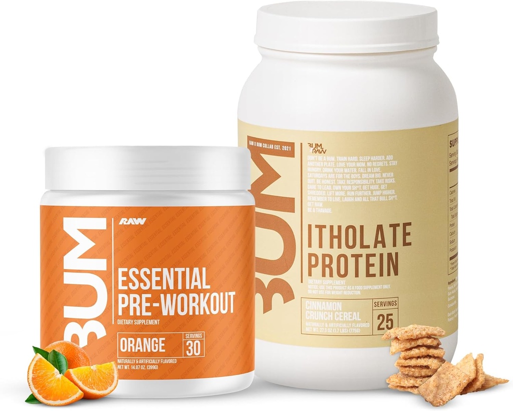 RAW Whey Isolate Protein Powder & Essential Pre-Workout Powder Bundle (Cinnamon Crunch & Orange) - Chris Bumstead Sports Nutrition Supplement for Men & Women