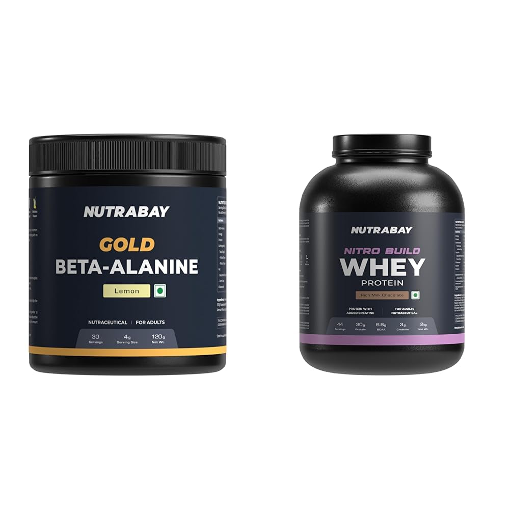 Nutrabay Gold Beta Alanine Supplement Powder 120g, Lemon Flavor – Pre Workout Amino Acid for Endur | Nutrabay Pro Nitro Build Whey Protein Powder - 2kg, Milk Chocolate | 30g Protein, 3g Creatine, 6.6