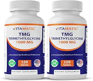 Vitamatic TMG Supplements 1000mg - Trimethylglycine - Betaine Anhydrous - 120 Tablets - 120 Servings - Non-GMO & Gluten Free (2 Bottles)