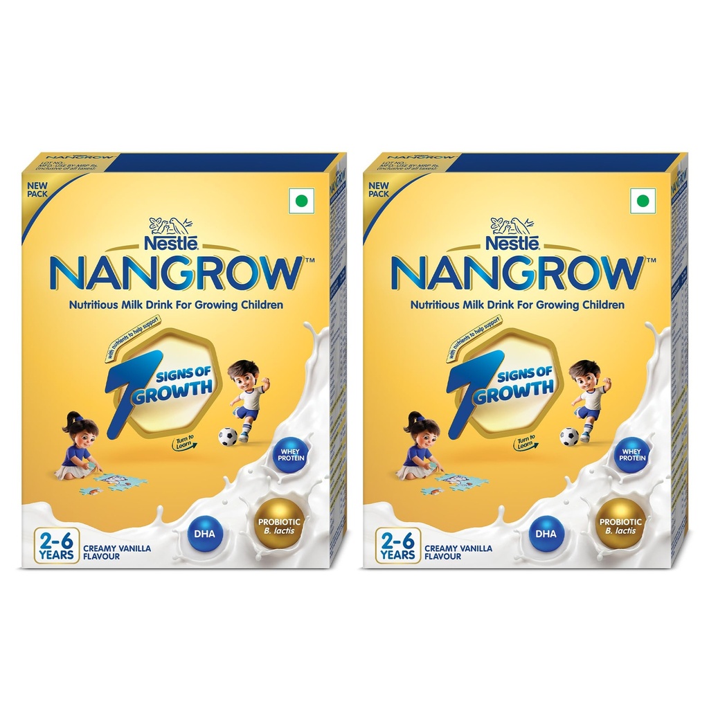 Nangrow Nutritious Milk Drink Powder For Growing Children Toddler Aged 2-6 Years | Contains DHA | Rich In Protein & Vital Nutrients | Creamy Vanilla Flavor, 400g, BIB Pack (Pack of 2)