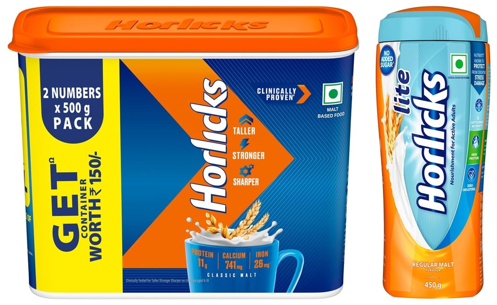 Horlicks Malt Based Food Drink Plastic Container|| 1 Kg & Lite 450G, Scientifically Designed For Adults |High Protein, Zero Added Sugar | Malt Flavor