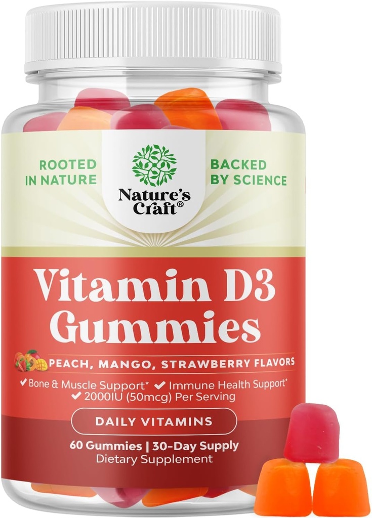 Natures Craft Vitamin D3 Gummies for Daily Wellness - Delicious D Adults with 2000IU per Serving Bone Muscle & Immune Support Non-GMO Gelatin Gluten Free - 60 Count