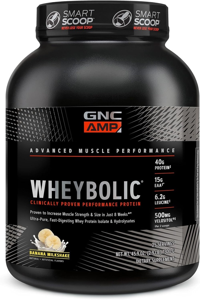 GNC AMP Wheybolic Klinisch Proven Proteïne Poeder, 40g Wei Proteïne, BCAA, Leucine, verhoogt spierkracht, spieropbouw, 3e partij getest, Glutenvrij, Banana Milkshake, 25 porties