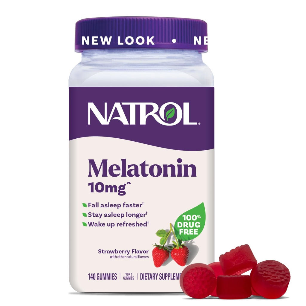Natrol Melatonine Gummies, Slaap Ondersteuning voor volwassenen, Melatonine 10 mg, 140 Aardbei-smaak, Tot 70 dagen