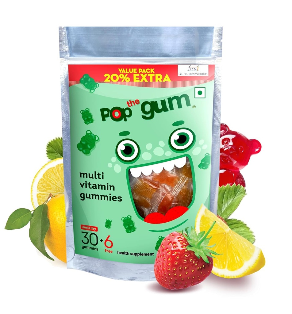The Pop Gum Daily Immunity & Energy Multivitamin Gummies for Kids & Adults | Fortified with Vitamin C, D3, B12, Zinc & Folate | 100% Vegetarian, Gluten & Allergen Free | 30+6 Gummies