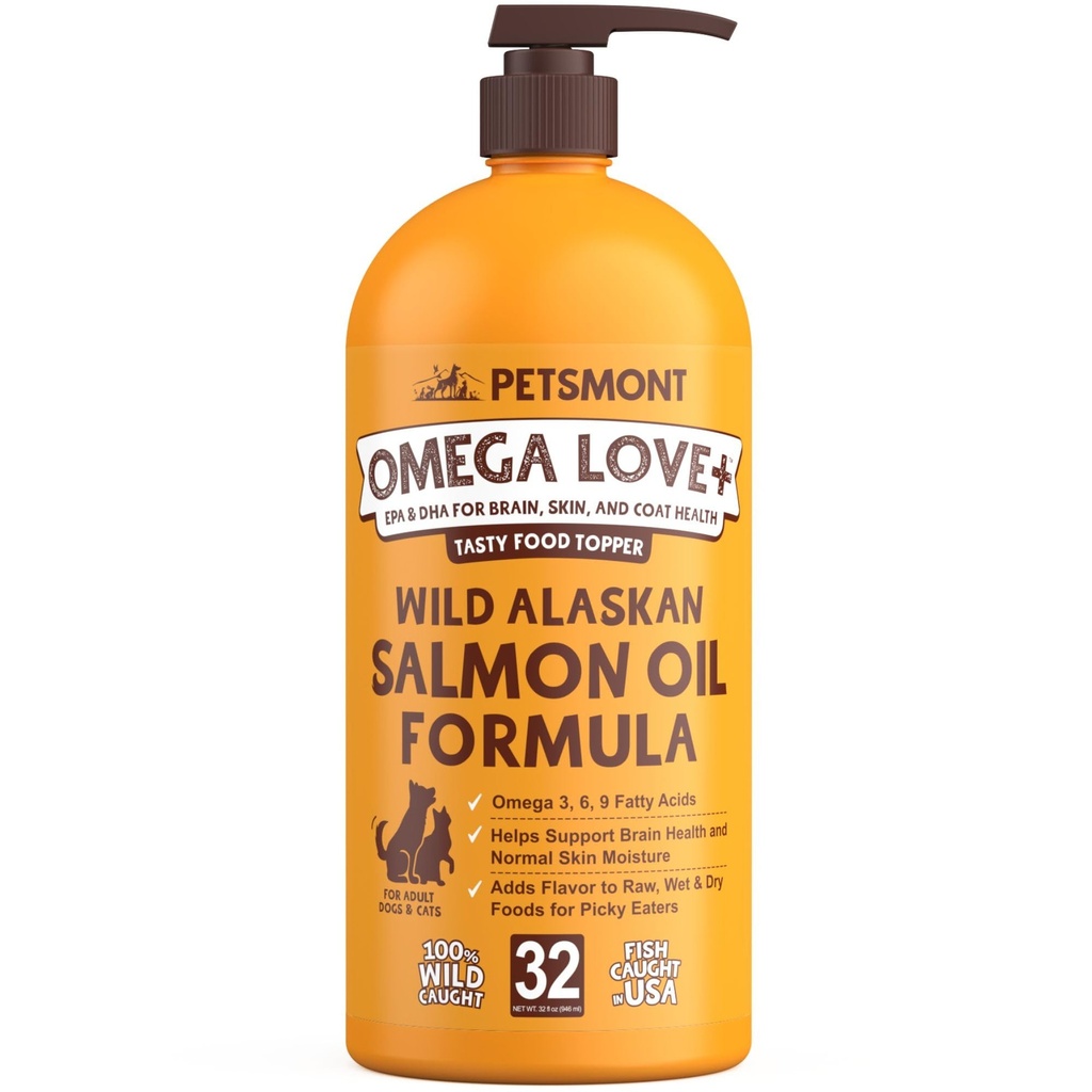 Petsmont Omega Love+ Wild Alaskan Salmon Oil for Dogs Formula 32 oz - Vis Omega Liquid Pump Cats ondersteunt gezamenlijke functie Immune Heart Health Food Supplement Huisdieren Natuurlijke EPA DHA vetzuren