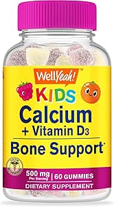 WellYeah Calcium 500mg + Vitamin D3 1000 IU (25 mcg) Gummies for Kids - Bone Health and Muscle Supprt, Immune Support Gummy, Non GMO, Gluten Free, Mix Fruit Flavors - 60 Gummies