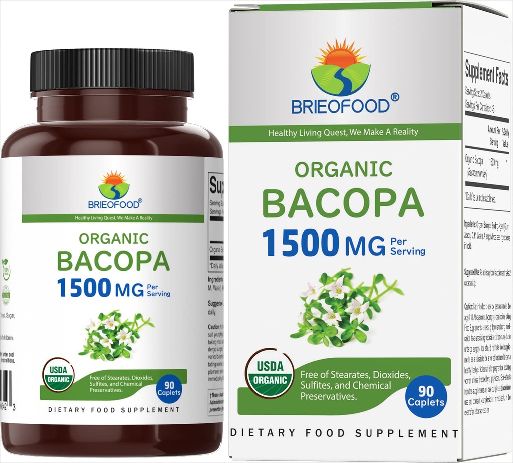Brieofood Biologische Bacopa 1500mg, 45 porties, Vegetarisch, Glutenvrij, 90 Vegetarische tabletten...