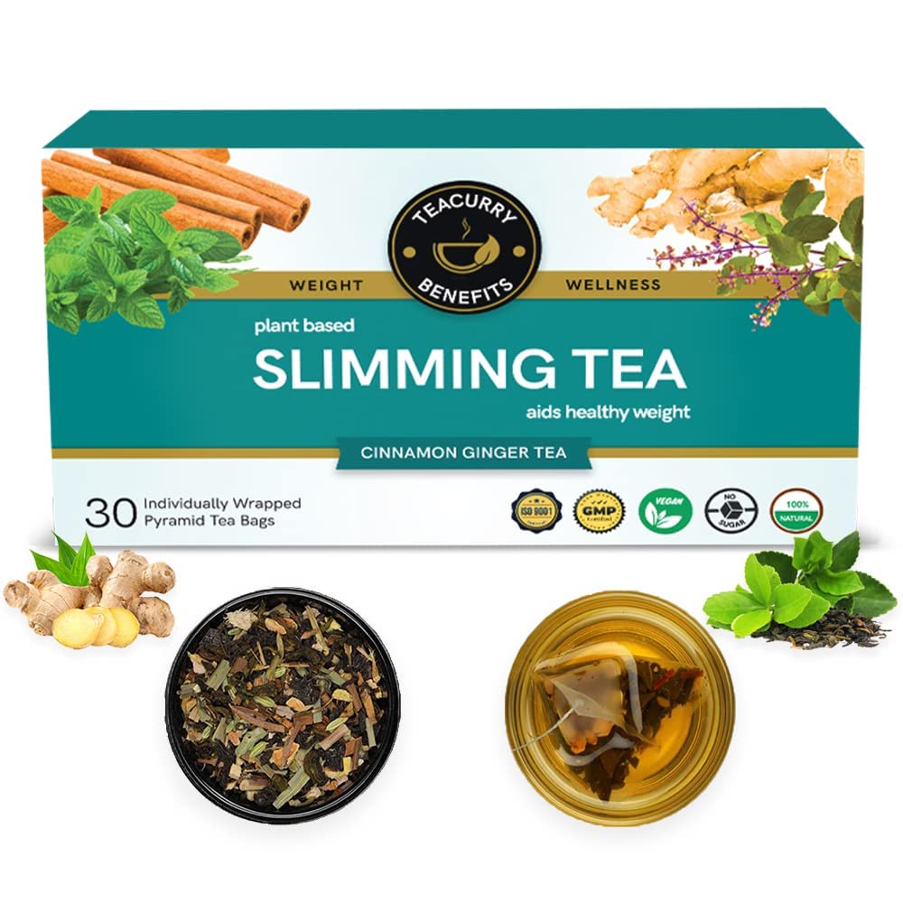 TEACURRY Slimming Tea for Weight Management (30 Tea Bags, 1 Month Pack) With Free Diet Chart | Helps Reduce Tummy & Fight Ageing | Green Tea With Cinnamon Ginger, 60 gram