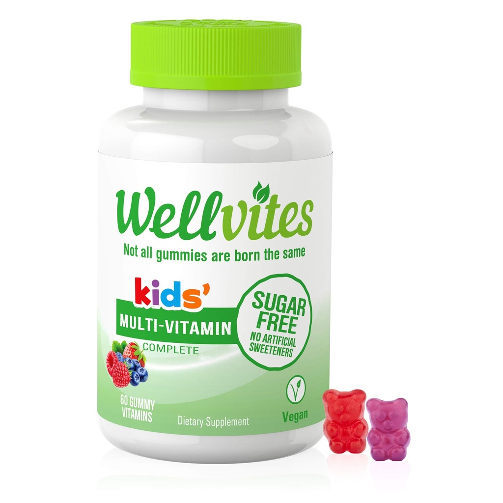 Wellvites Kids Multivitamine Gummies - Suikervrij, Veganistisch, Non-GMO, Vitamine A, D, B6, B12 en C - Geen kunstmatige zoetstoffen, Glutenvrij, Gelatinevrij - 60 Tellen (30 dagen levering)