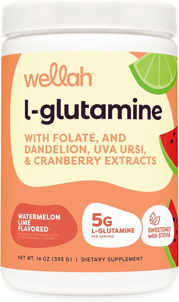 Wellah L-Glutamine Powder Watermelon Lime (50 Servings) - 5g L-Glutamine Per Serving, Sweetened with Stevia