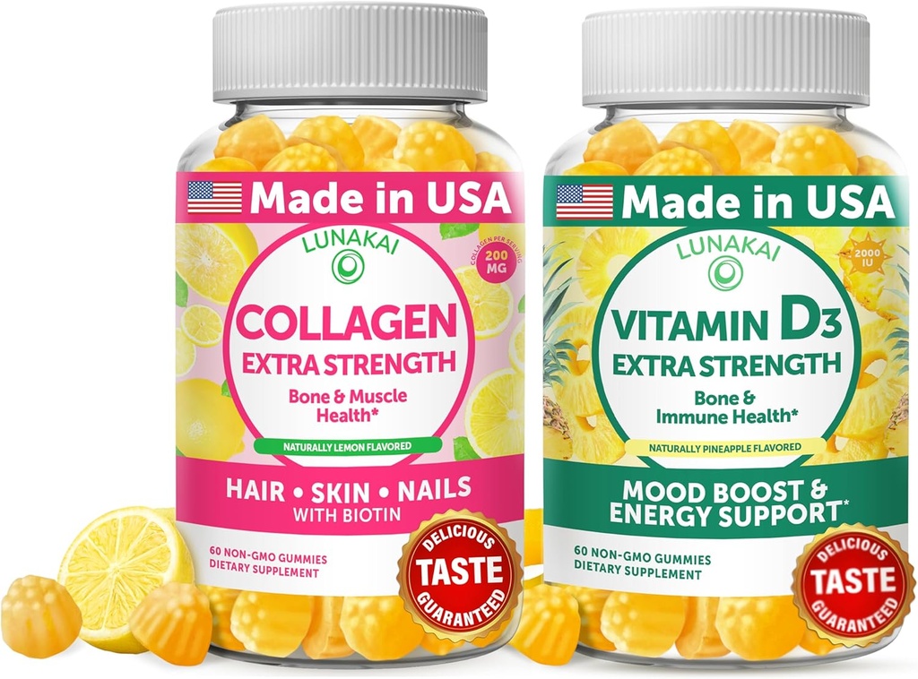 Lunakai Collageen en vitamine D3 Gummies Bundle - niet GMO Anti Aging Supplementen voor mannen en vrouwen - Immuniteit, bot en goede ondersteuning Gummy voor volwassenen - 30 dagen levering