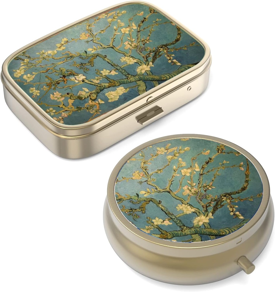 Pill Case Pill Box met Mirror Retro Small Pill Case voor Purse of Pocket Bronzen Pill Box of Vitaminen, Visolie, Supplementen, Pill Bevat reizen Gifts(2PCS)