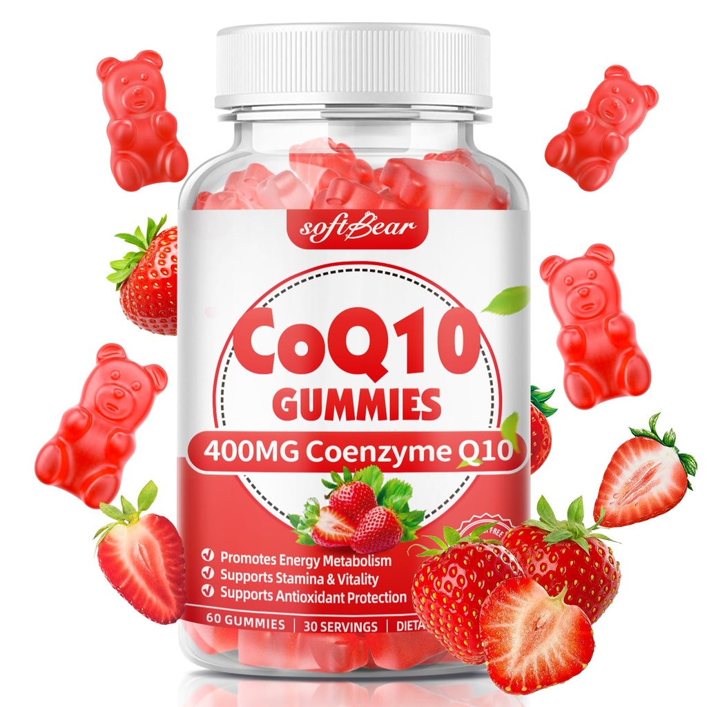 softbear CoQ10 Gummies 400mg Co-enzym Q10 Supplement voor volwassenen, Hoge Absorptie Coq10 Plus Omega-3, Magnesium, Vitamine B3 & Zink voor Cellular Energy & Antioxidant, Aardbei smaak 60 Tellen