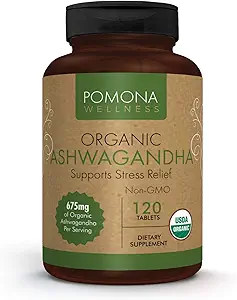 Pomona Wellness Organic Ashwagandha Supplement for Stress Support, 1.350 mg Mood Enhancer & Thyroid Support, USDA Organic, Vegan, Non-GMO, 120 Ashwagandha Root Powder Tablets
