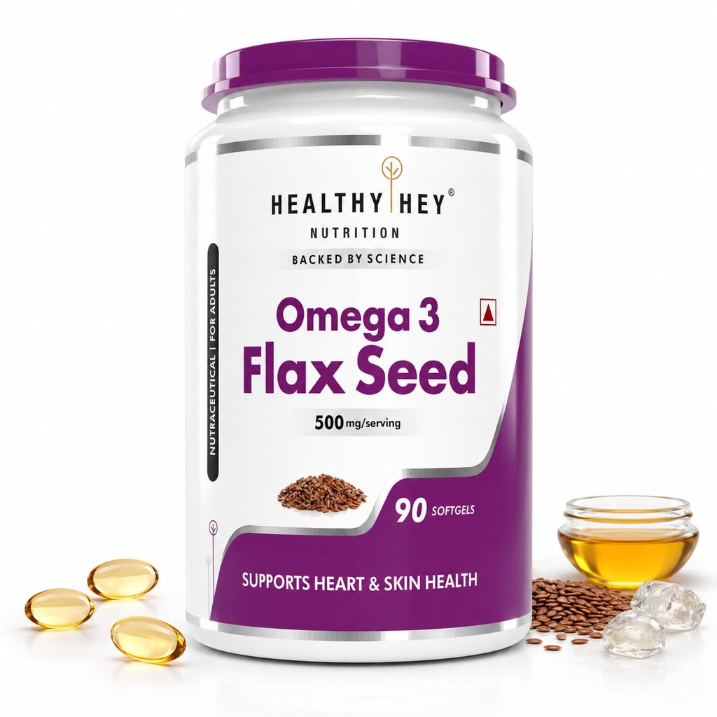 HealthyHey Flaxseed - Rich Source of Natural Omega 3-500 mg - Support Heart Health - 90 Softgels