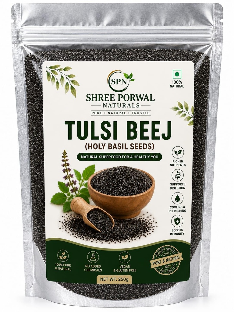 Shree Porwal Naturals Tulsi Beej (Holy Basil Seeds) | 250g | 100% Raw & Unpolished | Natural Sabja Seeds | Rich in Dietary Fibre | Vegan | No Preservatives | Superfood for Healthy Drinks & Recipes