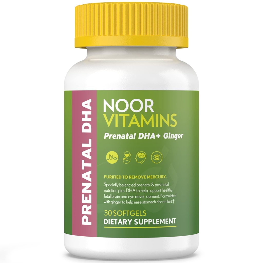 Noor Vitaminen Halal Prenatale Vitaminen met DHA en foliumzuur, essentiële vitamines, gember om Mama's maag te kalmeren, ijzer, softgels, prenatale vitamine voor/tijdens/post Zwangerschap (1 maand voorraad)