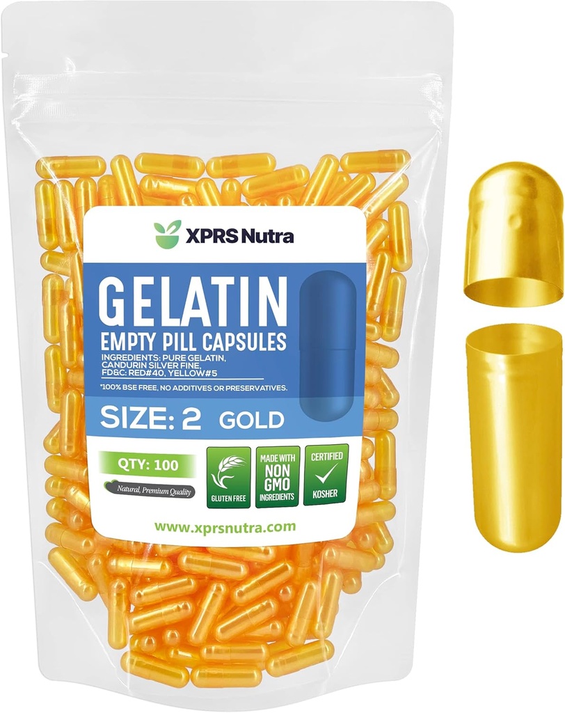 XPRS Nutra Maat 2 Lege Capsules - 100 Telle Lege Gelatine Capsules - Pillen DIY Capsule Vulling - Pure Bovine Pill Gel Caps for Do-It-Yourself Supplements (Goud)