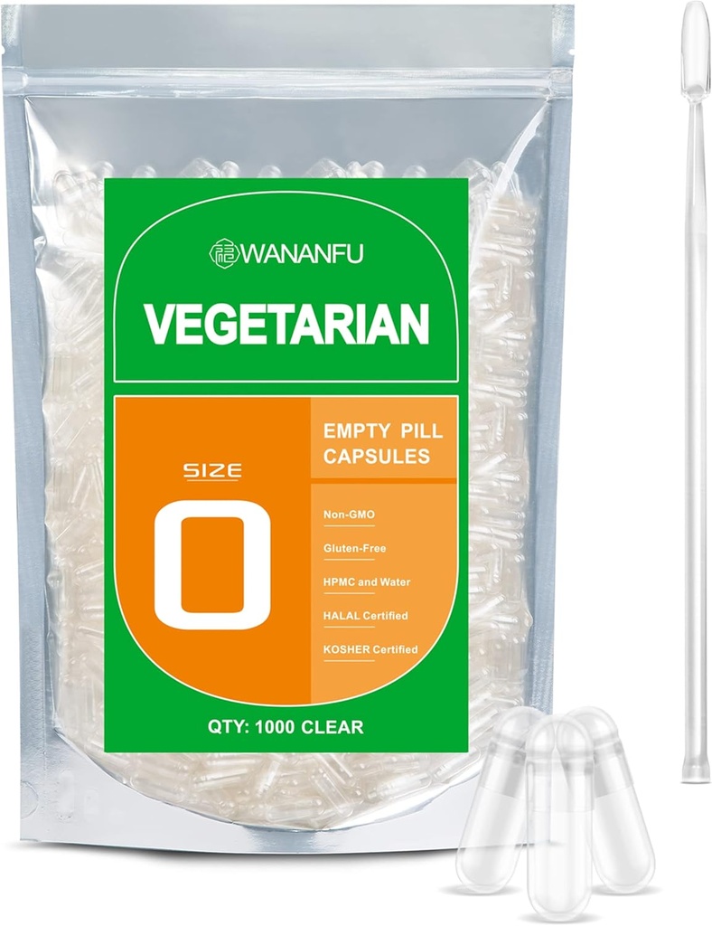 wananfu Maat 0 Lege capsules Vegetarisch (1000 Aantal) Bundel met Micro Lab Lepel, Wis Vulbare Veggie Pill Capsules Maat 0 voor het maken van uw eigen supplementen