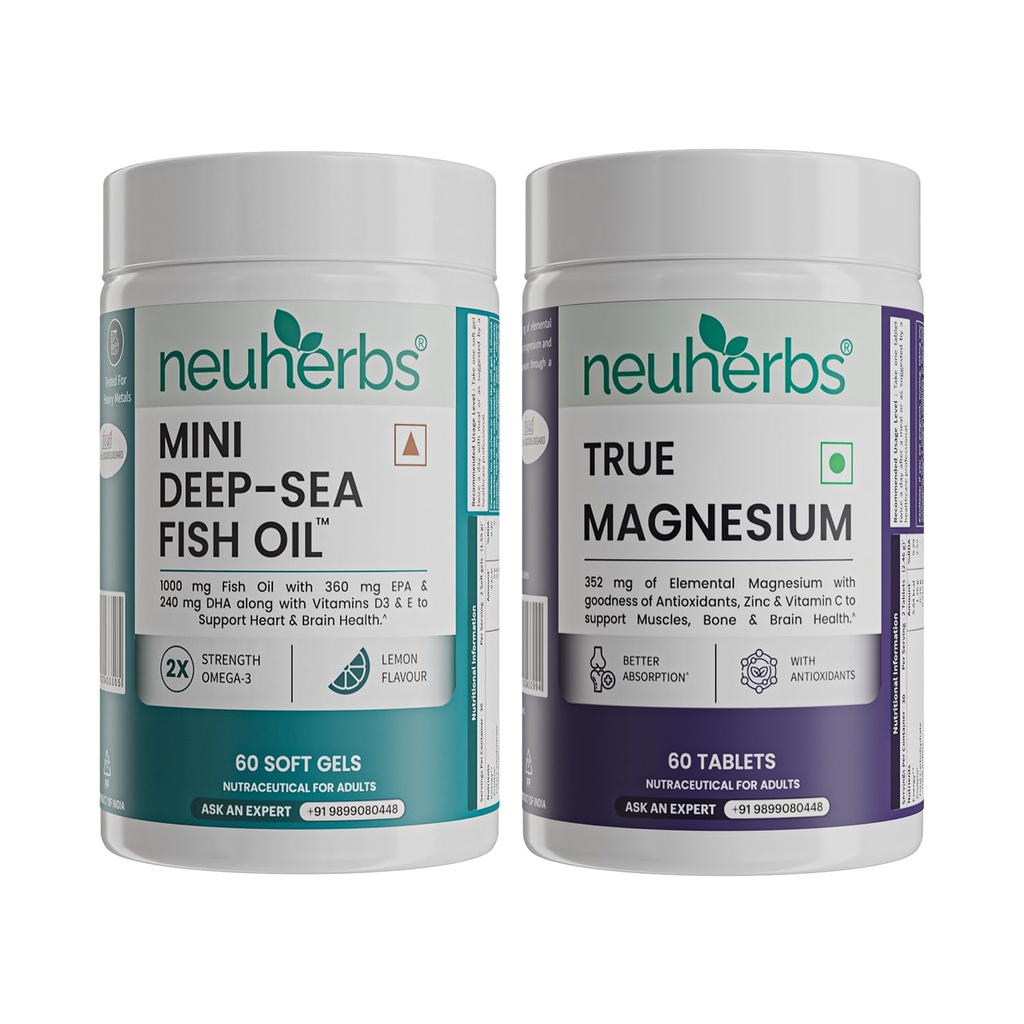 Neuherbs Mini Deep Sea Omega 3 Fish Oil (60 Capsules) & True Magnesium Glycinate Supplement (60 Tablets) | For Heart, Brain, Muscle & Better Sleep Quality | With Vitamin C, E & D3, Combo Pack