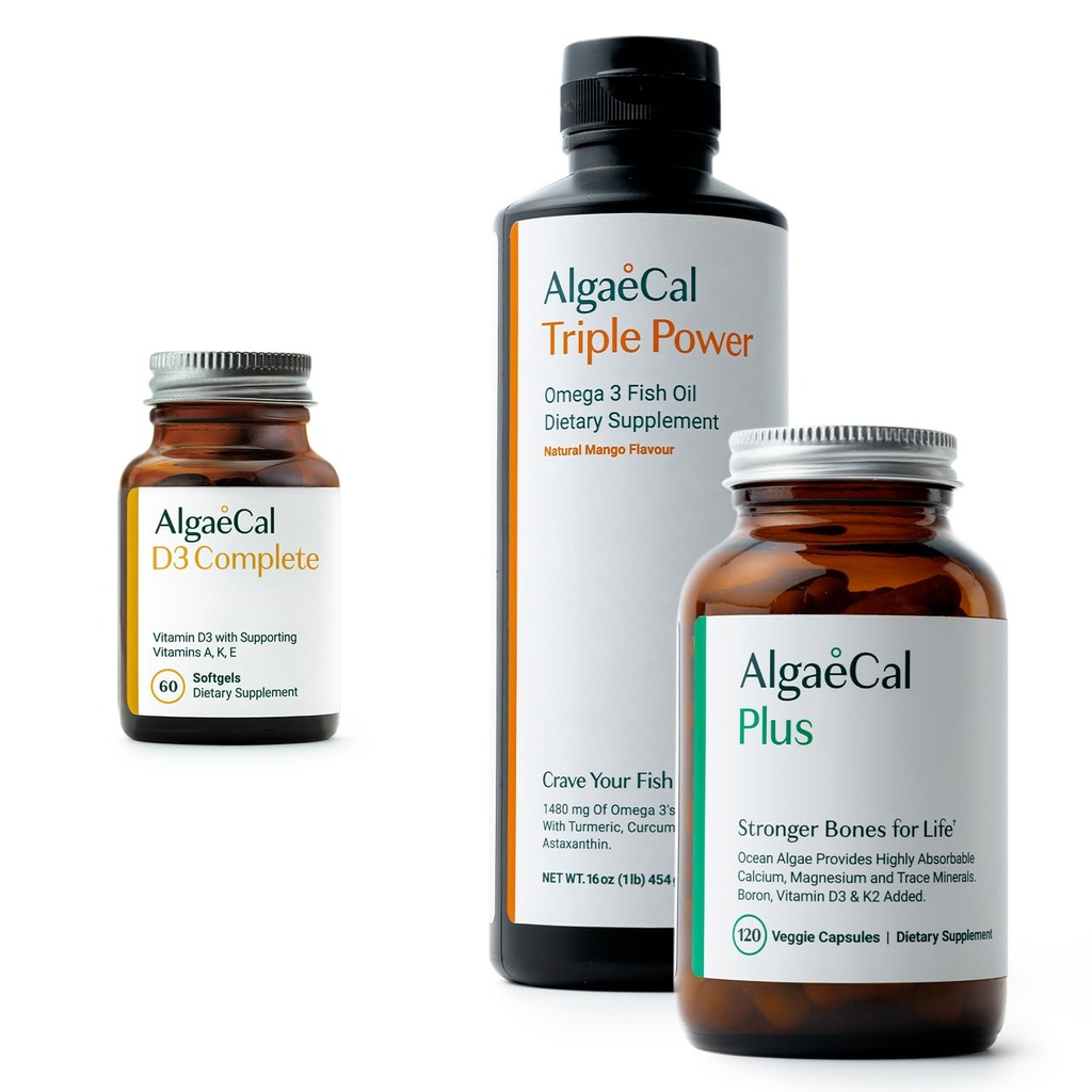 ALGAECAL Bundel - Vitamine D3 Complete (1000 IE) + Vitaminen K2, E & A & Plant-based Calcium voor Sterkere Bones & Visolie Omega 3 1200mg EPA DHA
