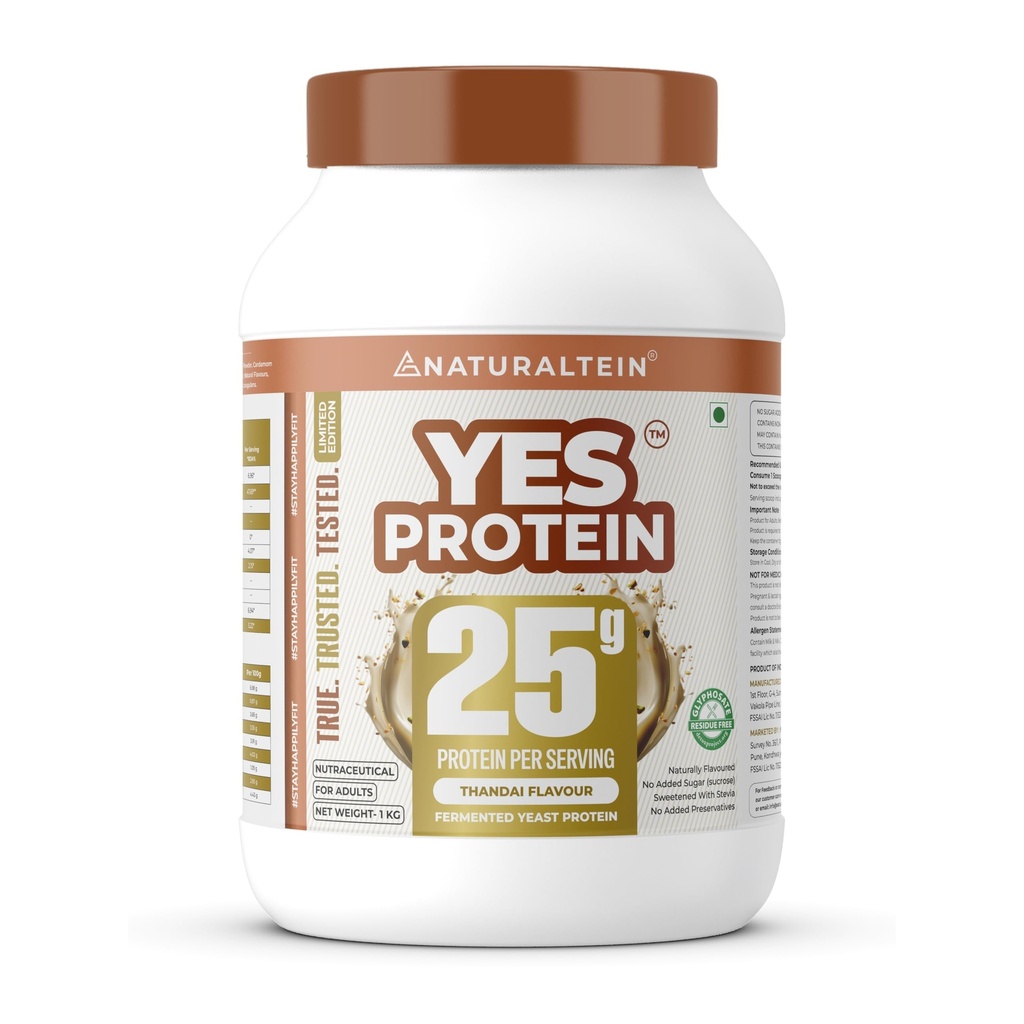 Naturaltein YES Protein Thandai Flavour 1kg | Fermented Yeast Vegan Protein Powder | 25.7g Protein | No Added Sugar | Naturally Sweetened | Digestive Enzymes | Heavy Metal Tested | 28 Servings