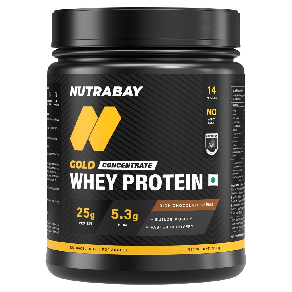 Nutrabay Gold Whey Protein Concentrate with Digestive Enzymes 25g Protein, 5.3g BCAA, 3.9g Glutamic Acid – Muscle Support & Recovery – 500g, Rich Chocolate Crème | Trustified Certified 100% Authentic