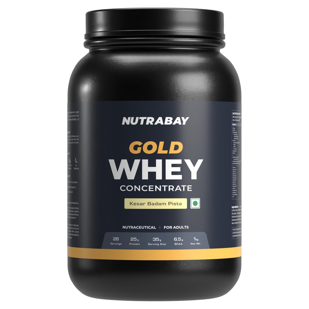 Nutrabay Gold Whey Protein Concentrate with Digestive Enzymes & Vitamin Minerals 25g Protein – Muscle Support & Recovery – 1kg, Kesar Badam Pista | Trustified Certified Authentic