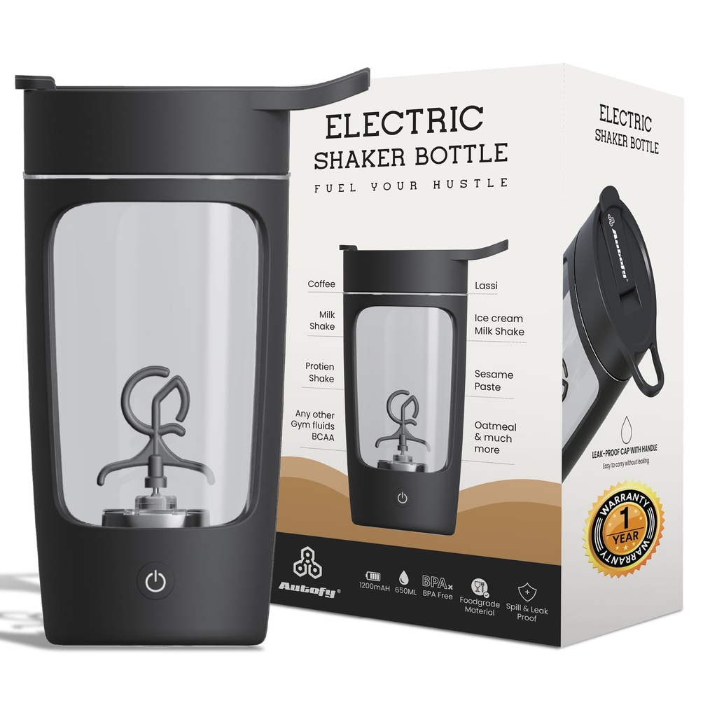 Autofy Electric Shaker for Gym Protein Shaker Bottle 100% Leakproof Design Multipurpose Use Coffee Lassi Milkshake BCAA Mixing Home Office Workout use *60 Mins Runtime* Anti-Skid Base (Black - 650ml)