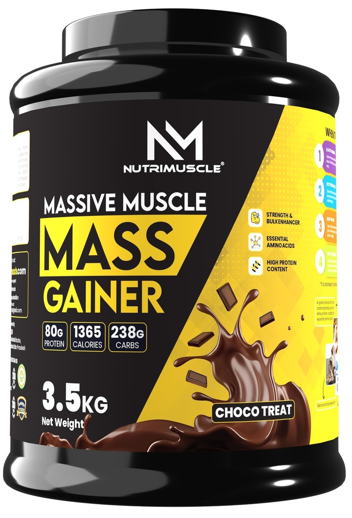Nutrimuscle Massive Muscle Mass Gainer, 3.5 Kg (Chocolate) – Whey Protein & Complex Carb Blend with Creatine Monohydrate, BCAA, Digestive Enzymes & Multivitamins for Muscle Mass, Strength & Recovery