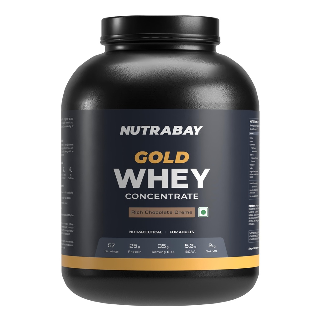Nutrabay Gold Whey Protein Concentrate with Digestive Enzymes 25g Protein, 5.3g BCAA, 3.9g Glutamic Acid – Muscle Support & Recovery – 2kg, Rich Chocolate Crème | Trustified Certified Authentic