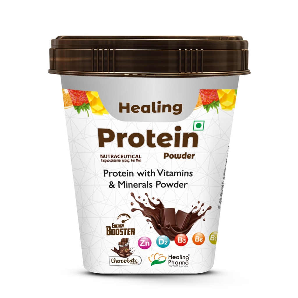 Healing Pharma - Healing Protein Powder with Multivitamins & Minerals | Protein Supplement for Energy Booster Strength, Stamina & Recovery | Chocolate Flavour - 200g