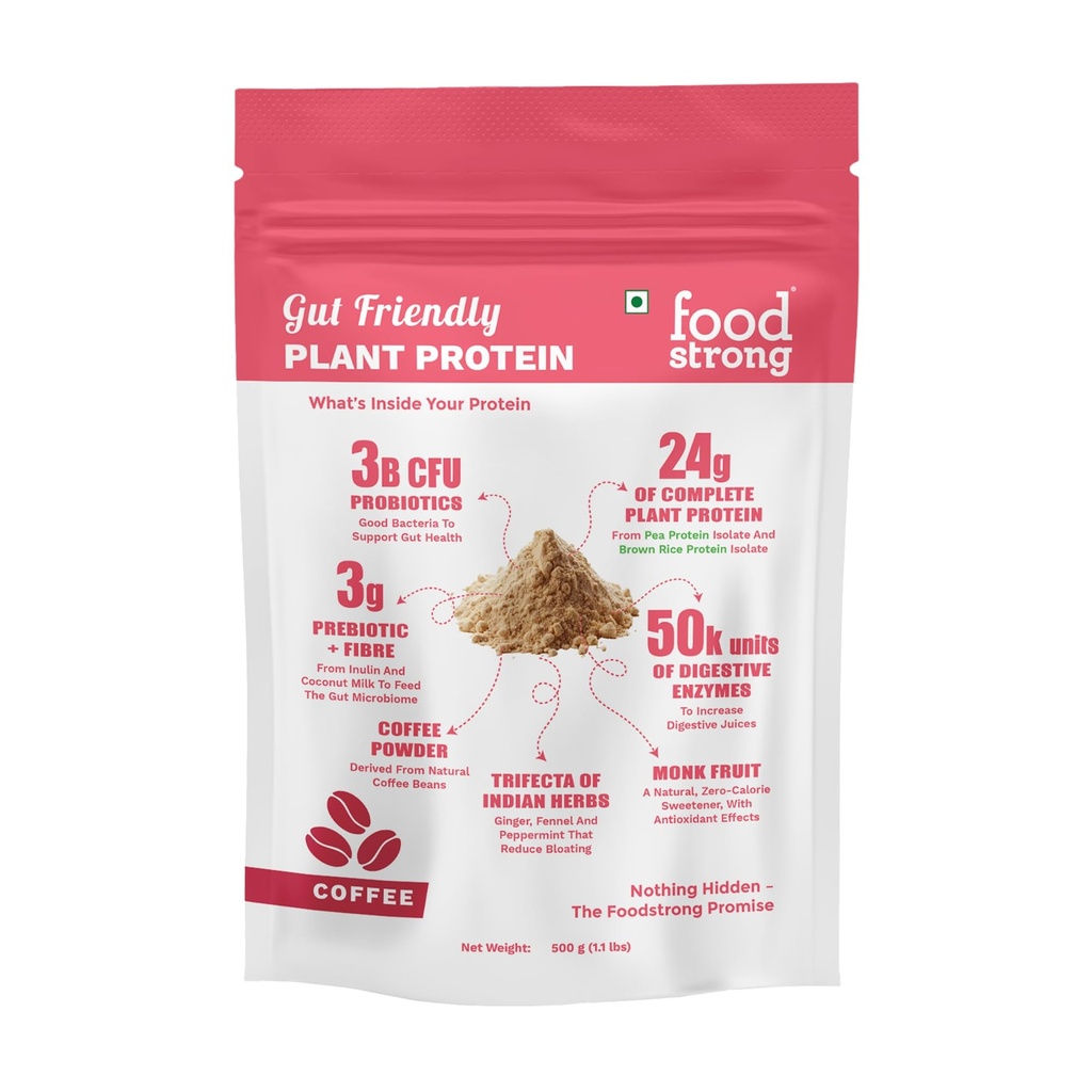 Foodstrong Gut Friendly Plant Protein - Coffee | 24g Complete Plant Protein with Probiotics, Digestive Enzymes, Prebiotics & Indian Herbs | Vegan | No Sugar | 500g