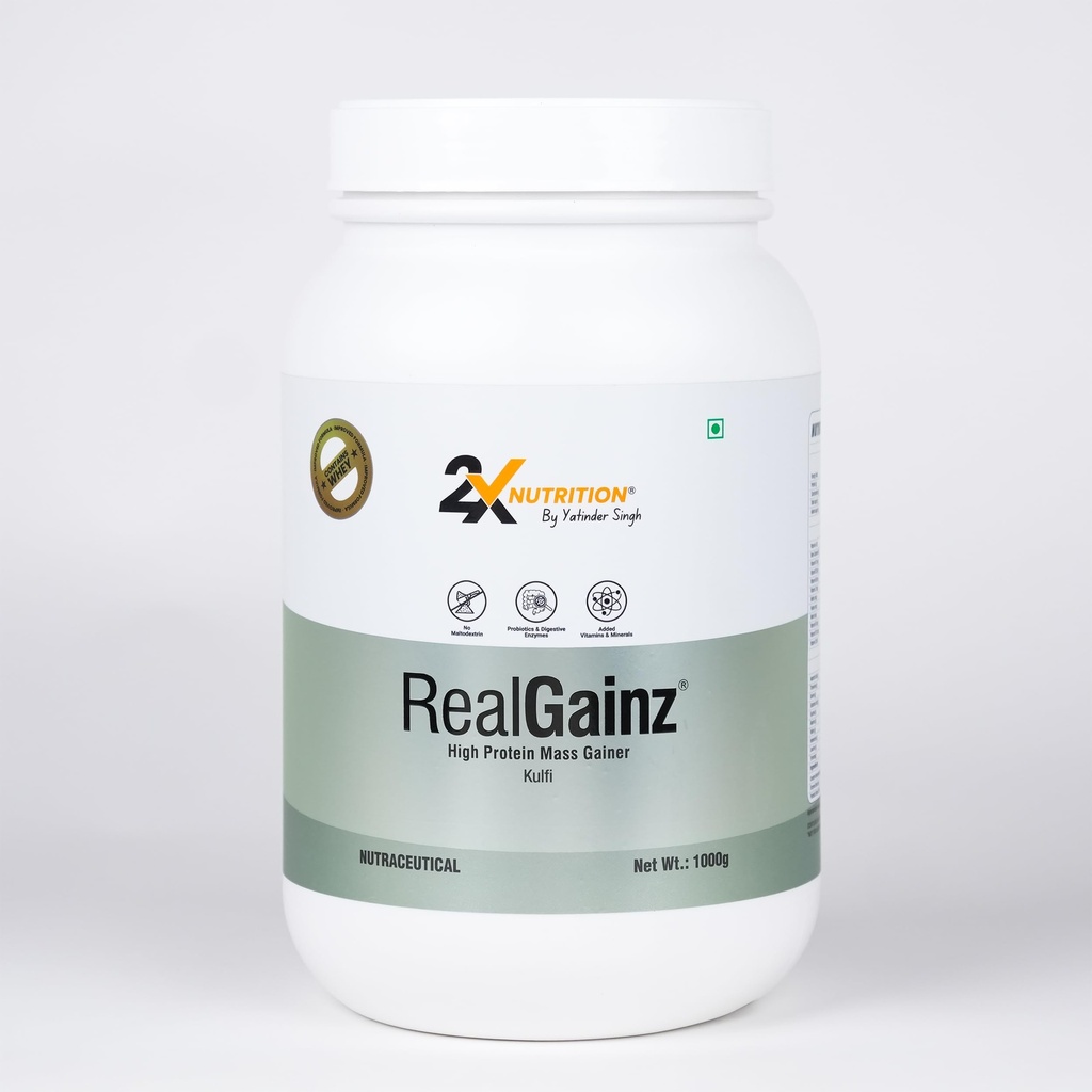 REALGAINZ by 2X Nutrition | High-protein mass gainer | 78g Carbs per serving | High protein (26g) Natural weight gain | Build lean muscle mass | contains digestive enzymes (1Kg, Kulfi)