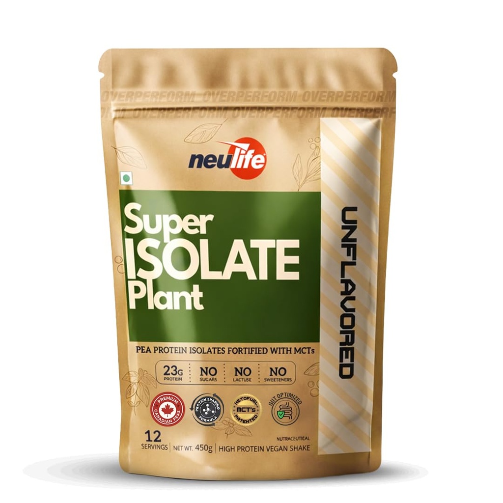Neulife Super Isolate Plant Vegan Protein Powder – Complete Pea Isolate + Ketofuel MCT, Easy Digestion, Muscle Recovery & Weight-Management, Unflavoured 450 g