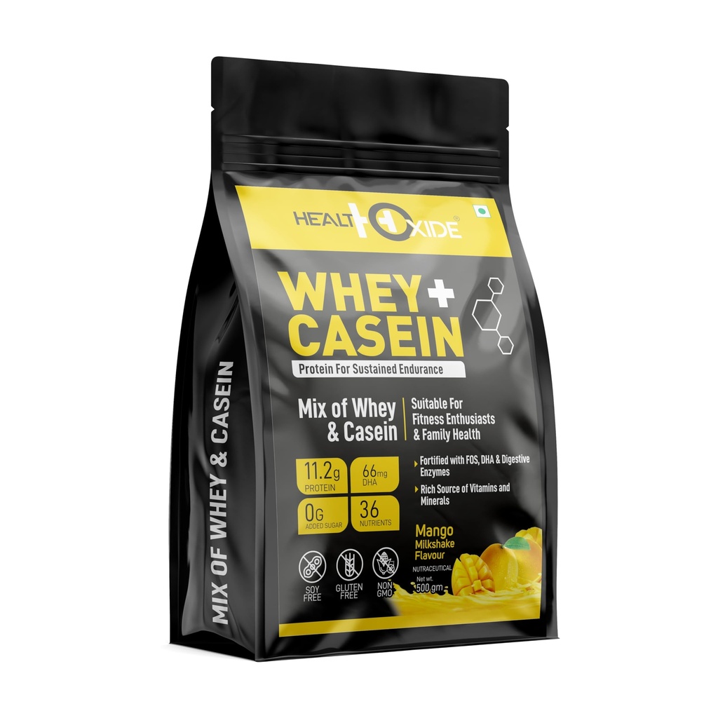 HealthOxide Whey & Casein Protein with DHA & Digestive Enzymes | Dual Release Protein Blend for Muscle Growth Recovery Strength & Stamina | Mango Flavour High Protein Shake for Men & Women | 500g Pack of 01