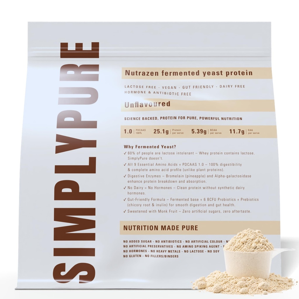 Nutrazen SimplyPure Fermented Yeast Protein Powder - Unflavoured - 1kg | 25.1g Complete Protein | Vegan Protein for Muscle Recovery & Lean Muscle Support | PDCAAS 1.0 | Easy to Digest with Probiotics & Enzymes | Gym & Fitness Supplement