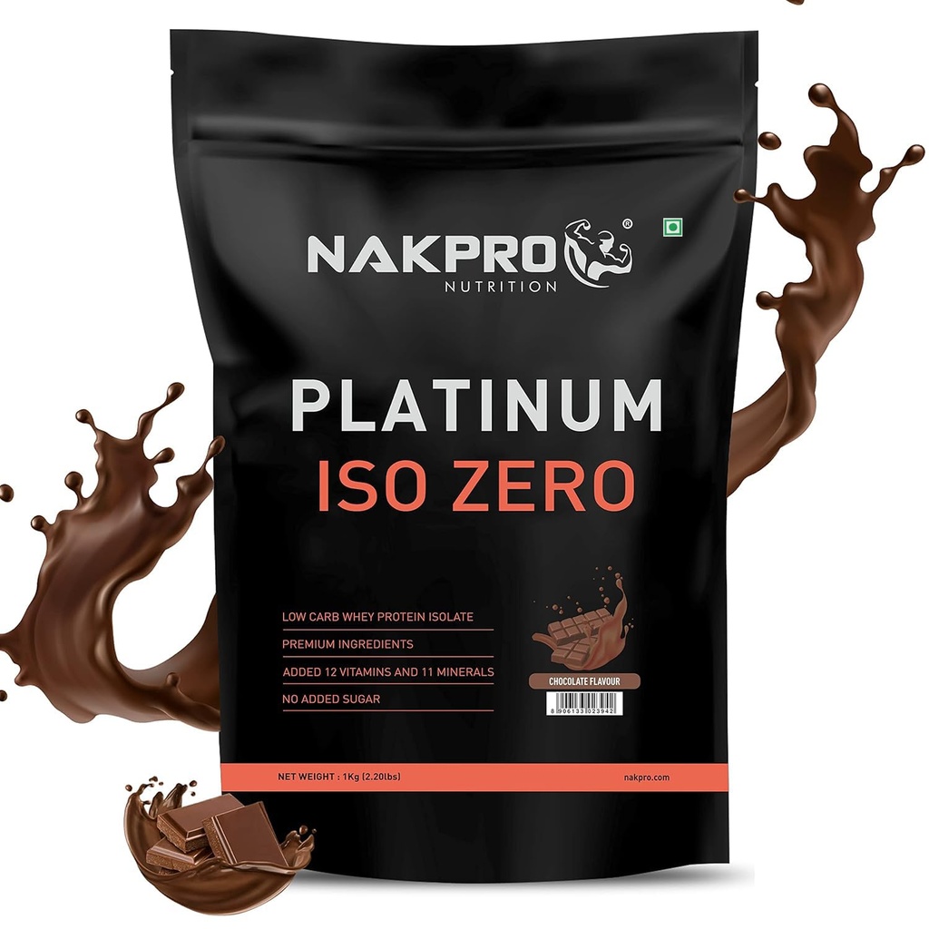 NAKPRO PLATINUM ISO ZERO 100% Whey Protein Isolate|Low Carbs|Added Vitamins & Minerals|Easy Mixing, Easy Digesting Whey Protein Supplement Powder|1 Kilogram Chocolate Flavour, 1 Count, 29 Servings