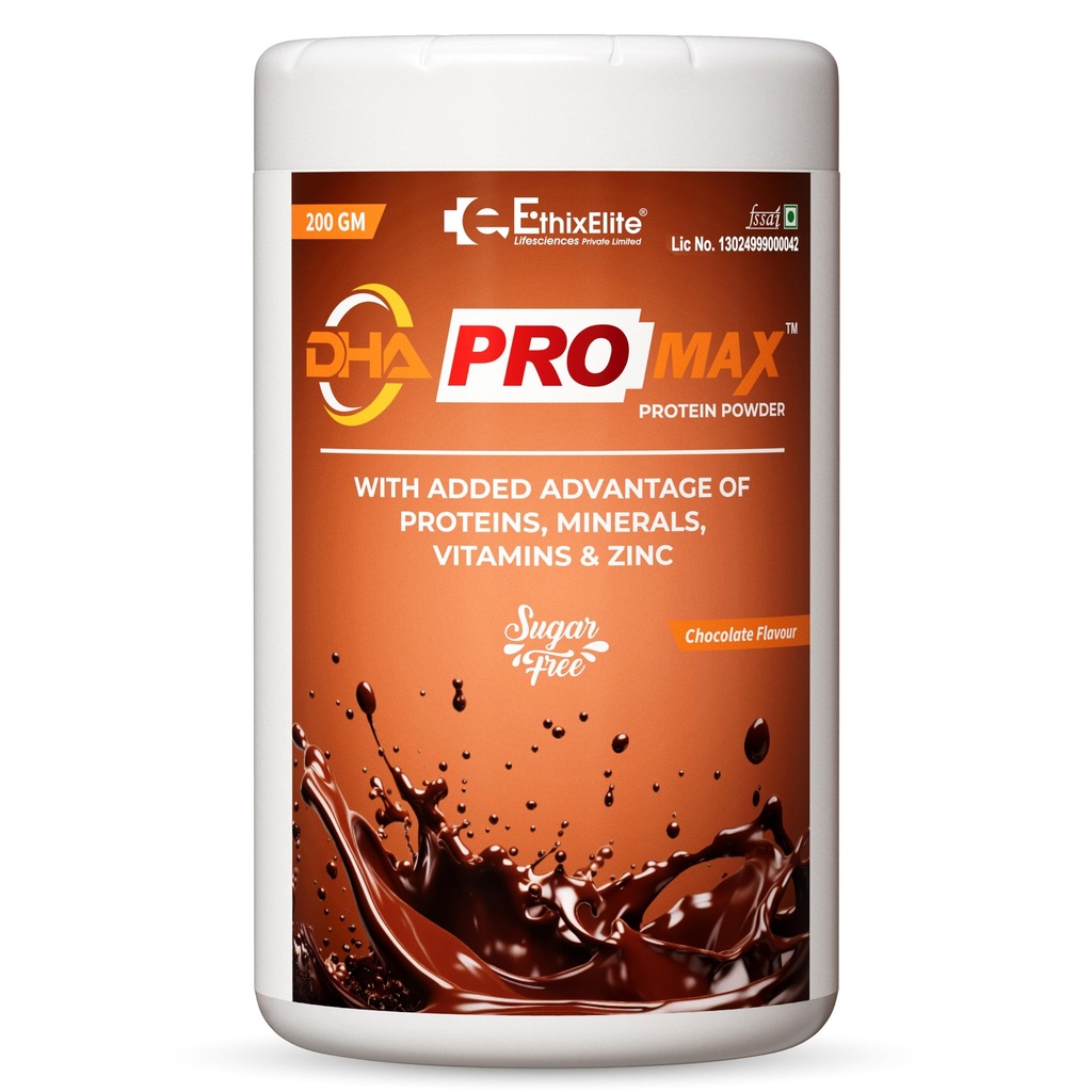 DHA Pro Max Protein Powder Nutritional Drink for Men and Women | Vitamins, Minerals & Zinc | Nutritional Supplement Powder, Protein Contributes to the Growth and Maintenance of Muscle Mass, Sugar Free Chocolate Flavour, 200 gm