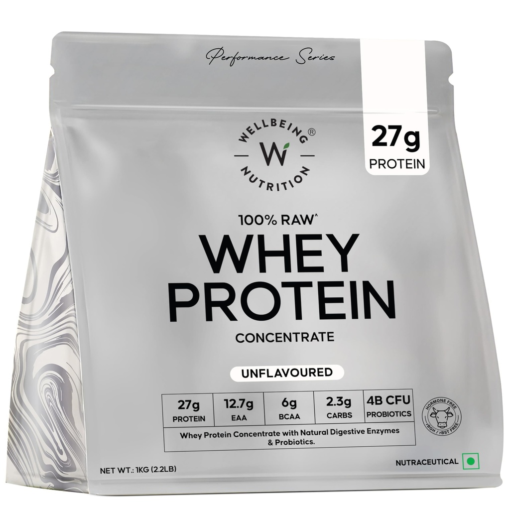 Wellbeing Nutrition Clean Whey Protein Concentrate 1kg Unflavoured | 27g Protein, 6g BCAA | 4B CFU Probiotics & Digestive Enzymes | Fast Absorbing, No Bloating, Easy to Digest | Faster Muscle Recovery