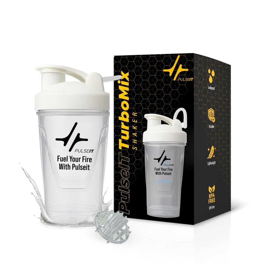 PulseIT TurboMix Protein Shaker Bottle 400ml | BPA-Free Leakproof Gym Shaker with Plastic Mixing Ball | Protein Mixer Bottle for Whey Protein, BCAA, Creatine & Pre-Workout (White)