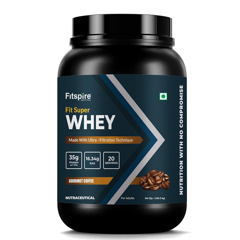 Fitspire Fit Super Whey Protein, Gourmet Coffee Flavour, 1kg - Whey Isolate and Concentrate Blend - 35g Protein per 100g - Digestive Enzymes for Easy Digestion - No Added Sugar - Supports Muscle Recovery and Strength