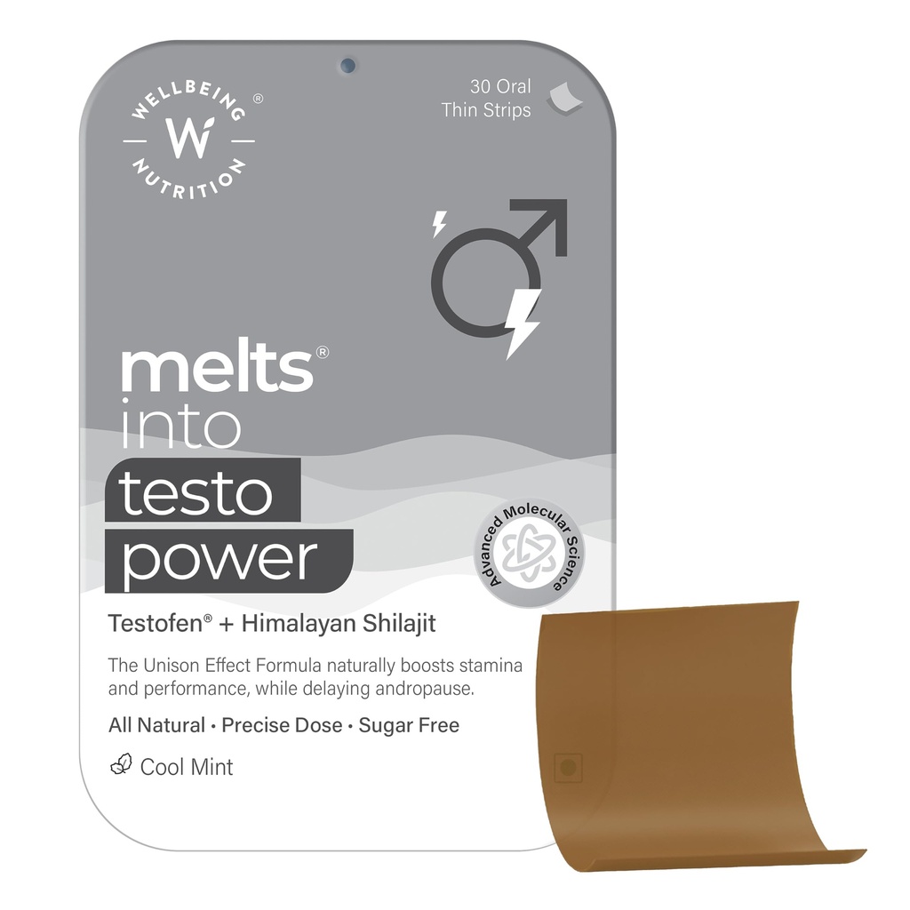 Wellbeing Nutrition Melts Testo Power | Clinically Proven Testofen, Fenugreek Seeds, Himalayan Shilajit, Saffron | Testosterone Boost, Performance, Stamina & Energy, 30 Oral Strips