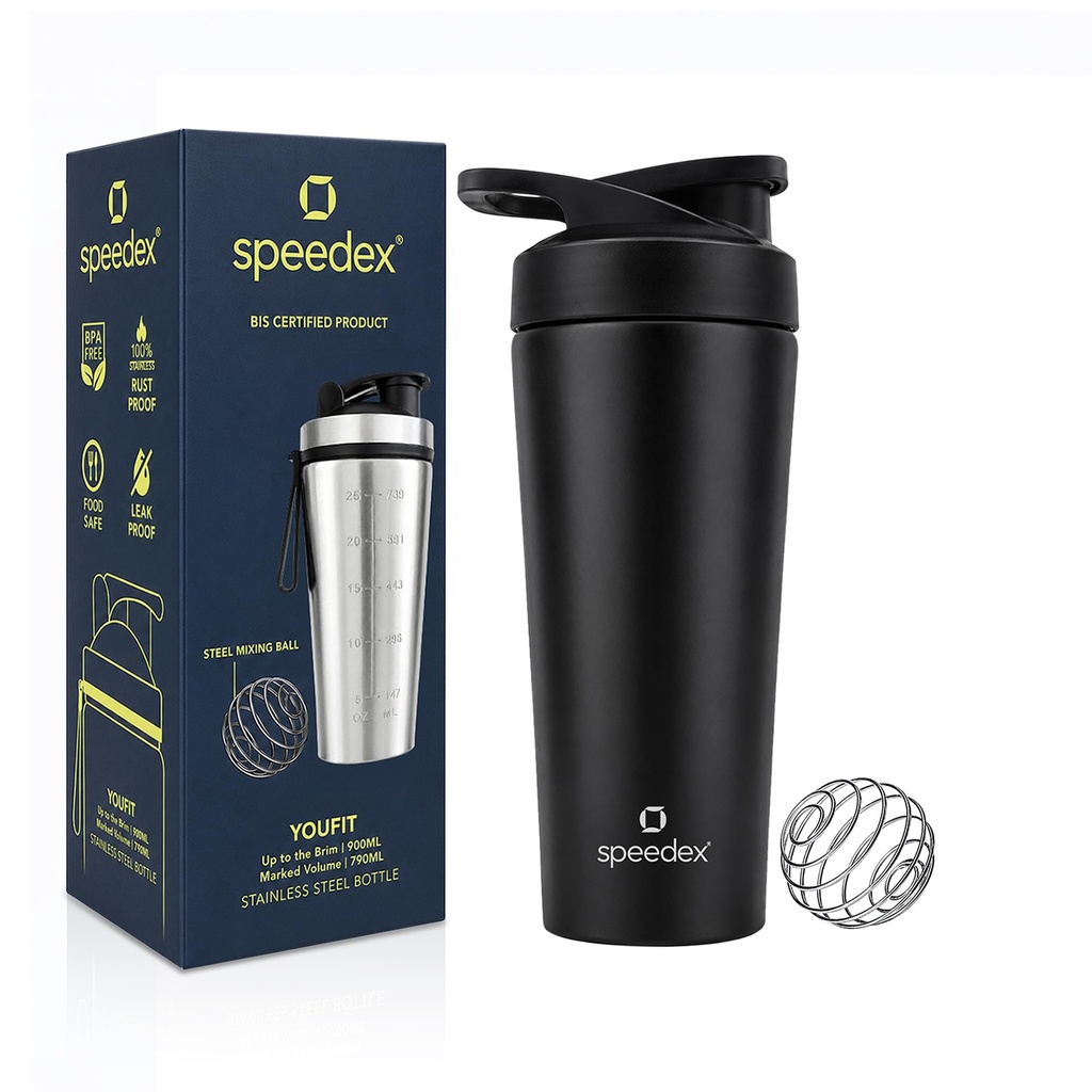 Speedex Stainless Steel Gym Shaker Bottle 750ml with Mixing Ball | Leakproof Protein Shaker for Gym, Wide Mouth, Measurement Markings, Flip Cap | Metal Shaker for Men & Women – Black