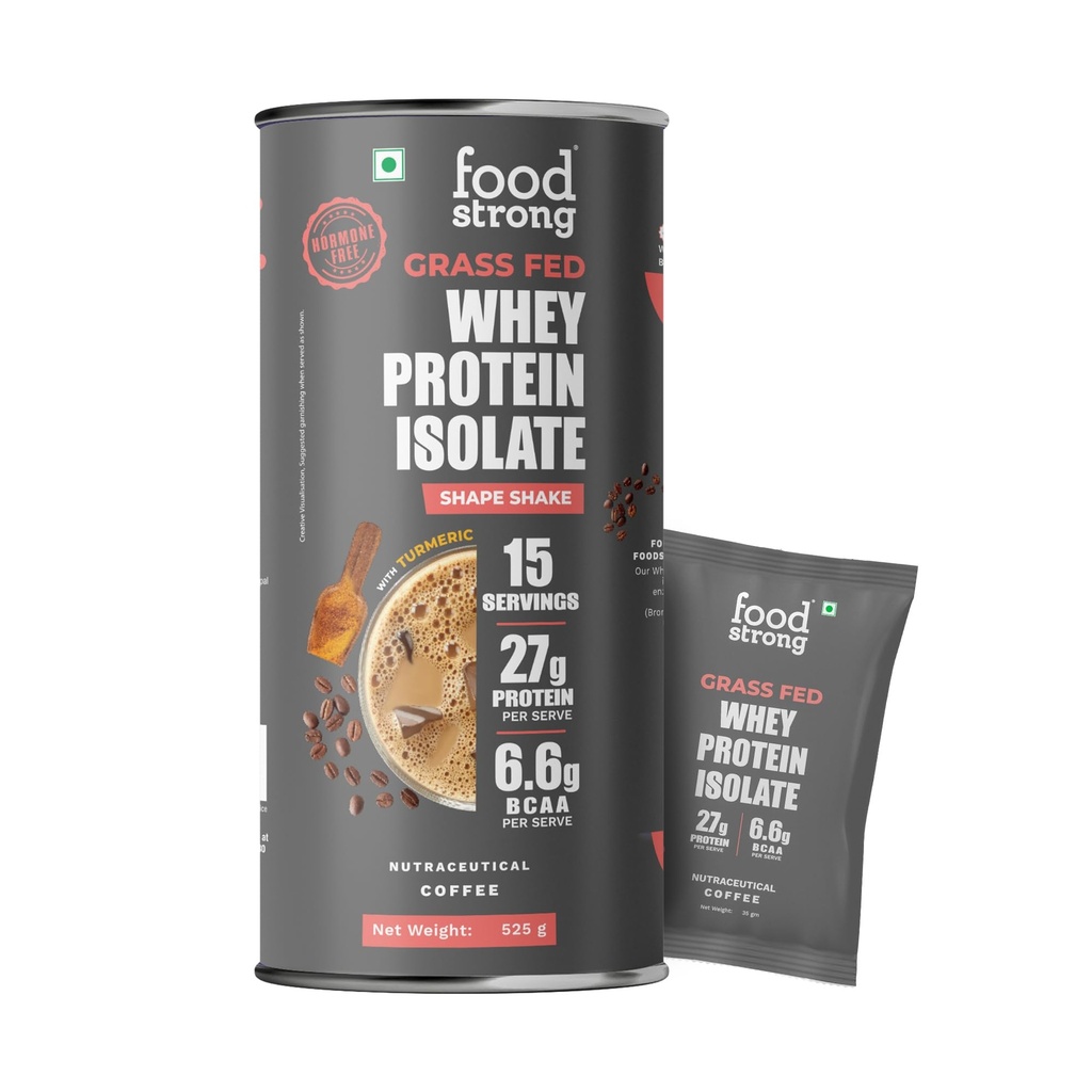 Foodstrong Whey Protein Isolate, 100% Hormone Free Grass-Fed Whey, 27G Protein & 6.6G BCAA, Coffee, With Turmeric & Digestive Enzymes, 15 Sachets, 525G