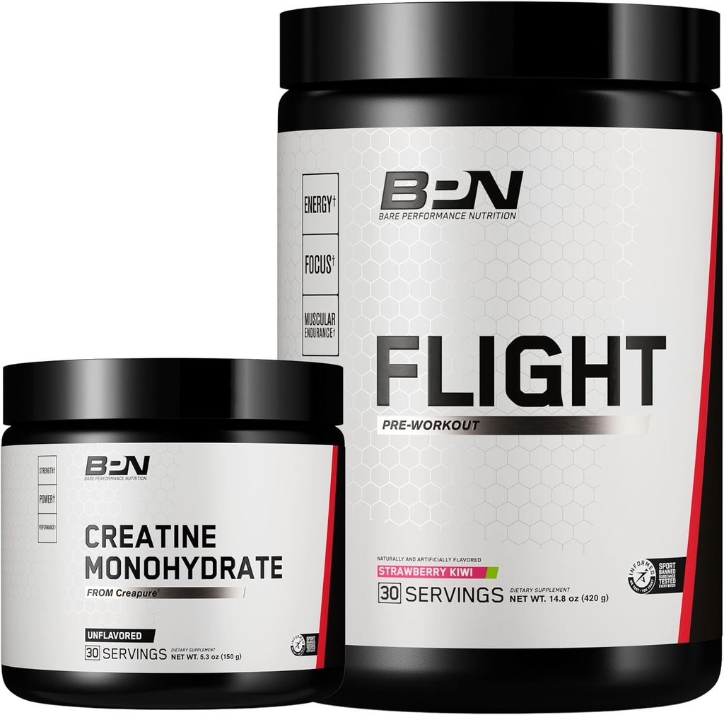 BARE PERFORMANCE NUTRITION BPN Creatine Monohydraat & Flight Pre Workout (Strawberry Kiwi) Bundel